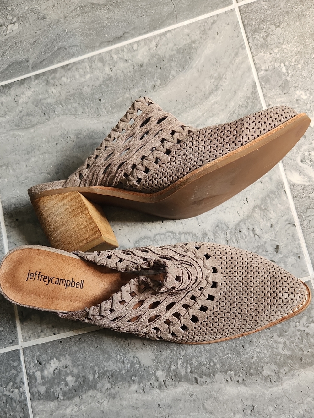 Jeffrey Campbell Taupe Braided Perforated Suede Mules Size 9.5